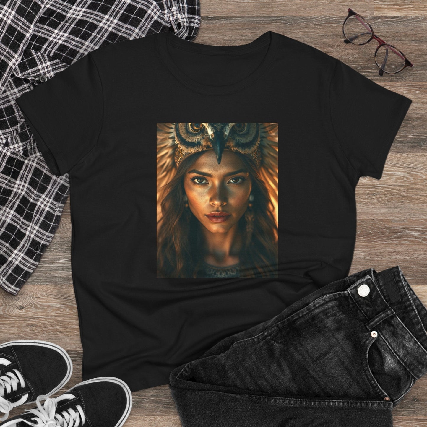 Printify T-Shirt Tribal Cosmic Owl Starseed Sister Women's Cotton Tee - Cosmic Art Graphic
